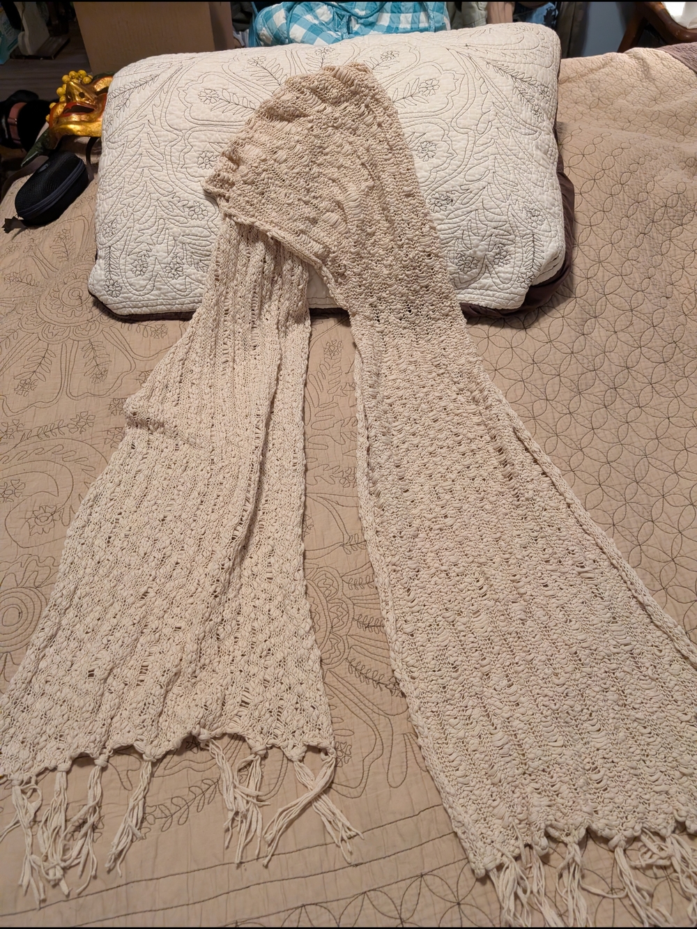 White House Black Market Cream Knit Fringe Scarf 100% Cotton